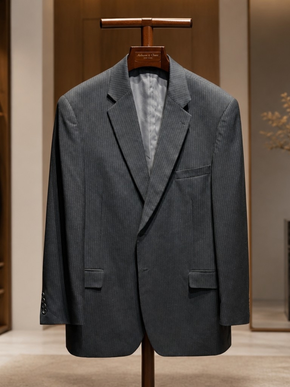 Statements Men's Black Pinstripe Suit Jacket Blazer Coat 48L Poly Rayon